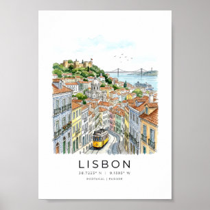 Lissabon stadsgezicht in aquarel stijl poster