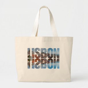 Lissabon tekst samengesteld oude stad uitzicht met grote tote bag