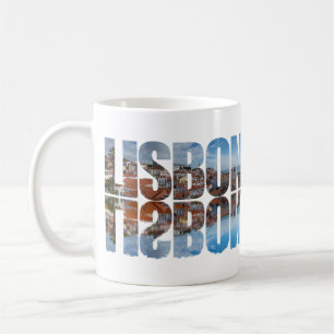 Lissabon tekst samengesteld oude stad uitzicht met koffiemok