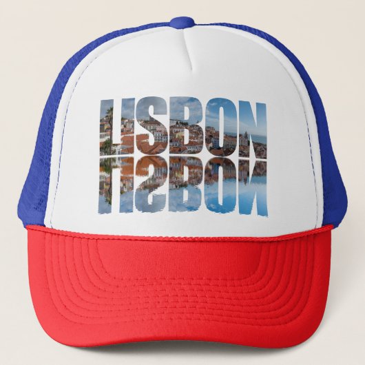 Lissabon tekst samengesteld oude stad uitzicht met trucker pet (Voorkant)