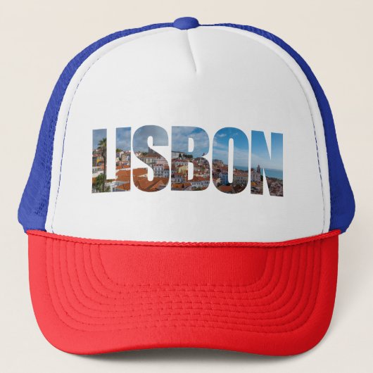 Lissabon tekst samengesteld uit oude stad panorami trucker pet (Voorkant)