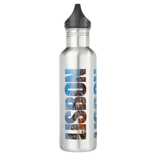 Lissabon tekst samengesteld uit oude stad panorami waterfles  (Links)