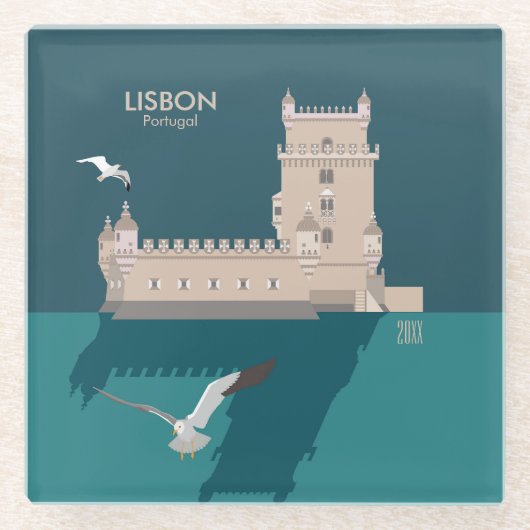 Lissabon Tower van Belem in het klassieke postermo Glazen Onderzetter (Voorkant)