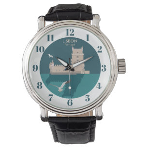 Lissabon Tower van Belem in het klassieke postermo Horloge