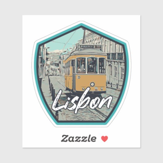 Lissabon, uitzicht en tramwegillustratie Portugal Sticker (Vel)