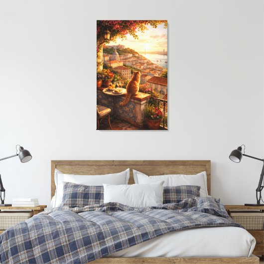 Lissabon Zonsondergang Uitzicht met Kat Canvas Afdruk (Insitu (Slaapkamer))