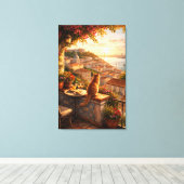 Lissabon Zonsondergang Uitzicht met Kat Canvas Afdruk (Insitu (Houten vloer))