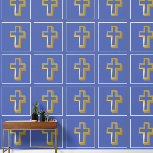 Lit Golden Cross Christelijk Iris Blue Squares Behang (Hal)