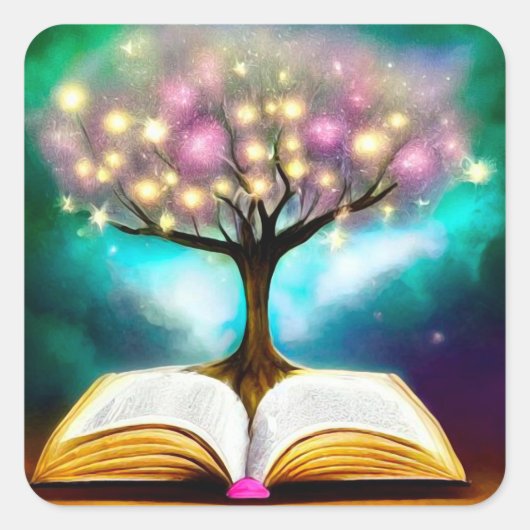 Lit Tree & Open Book Vierkante Sticker (Voorkant)