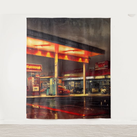 Lit Up Gas Station 1950 Wandkleed (Voorkant)