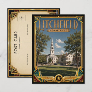 Litchfield Connecticut Vintage Art Deco Gouden Tij Briefkaart