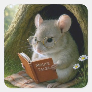 Literaire muis in een gezellig boomgat vierkante sticker