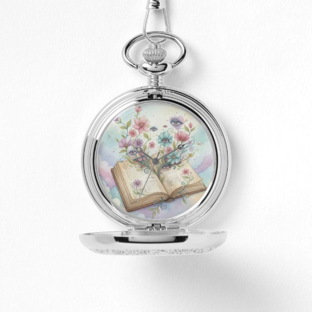 Literary Bloom: Open Book & Wildflower Psychedelic Horloge (Voorkant)