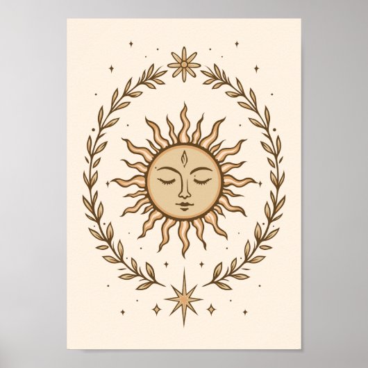Litha Sun Face Botanical Wreath Celestial Art Poster (Voorkant)