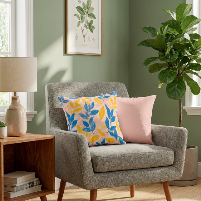 Lithografie Blauw Geel roze leuk botanisch blad Kussen (Lithograph Blue Yellow pink fun botanical leafy Throw Pillow.)