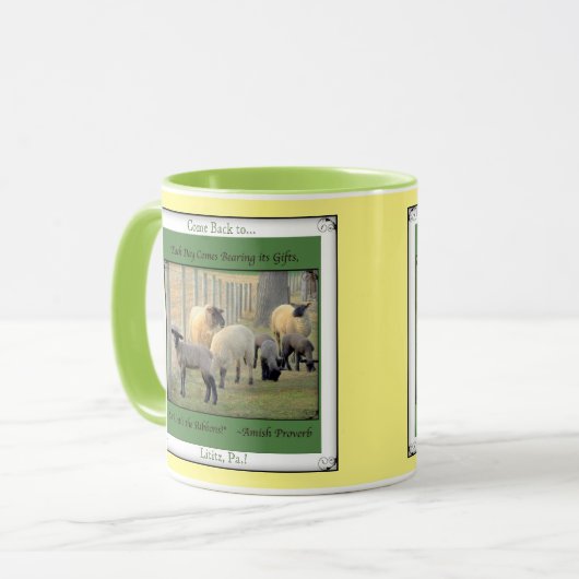 Lititz Pa. Kom terug! Schaap! Amish Proverb Mok (Voorkant links)