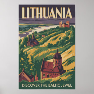 Litouwen Landschap Illustratie Reis Kunst Retro Poster