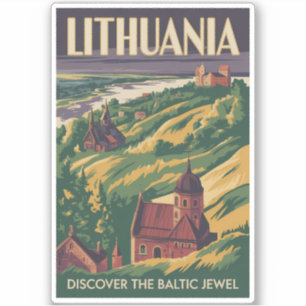 Litouwen Landschap Illustratie Reis Kunst Retro Sticker