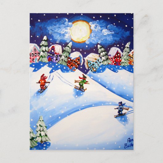 Litte Skiers Winter Folk Art Briefkaart (Voorkant)