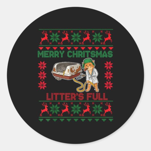 Litter's Full Merry Christmas Funny Cat Lover Ugly Ronde Sticker (Voorkant)