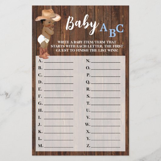 Little AA Cowboy Baby ABC Baby shower Game Kaart (Voorkant)