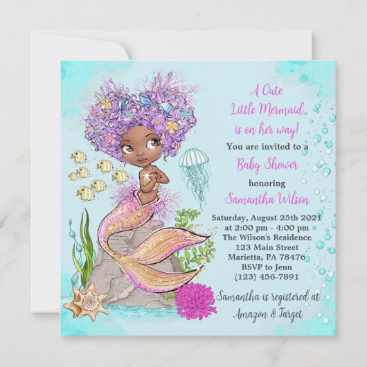 Little African Mermaid Baby shower Invitation Kaart (Voorkant)