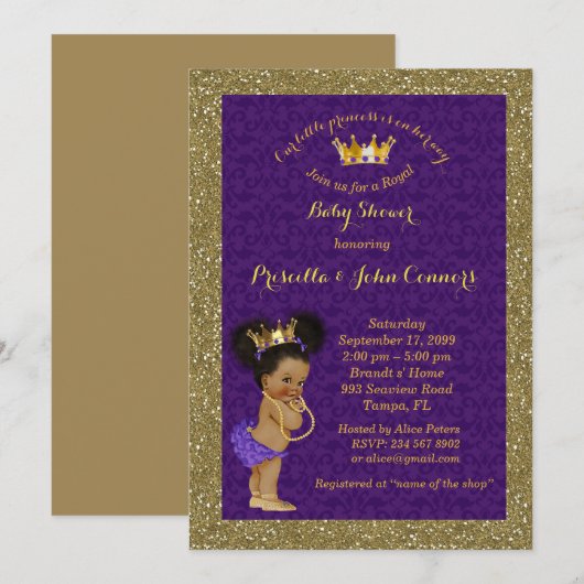 Little Afro Princess Baby shower Invitation, paars Kaart (Voorkant / Achterkant)