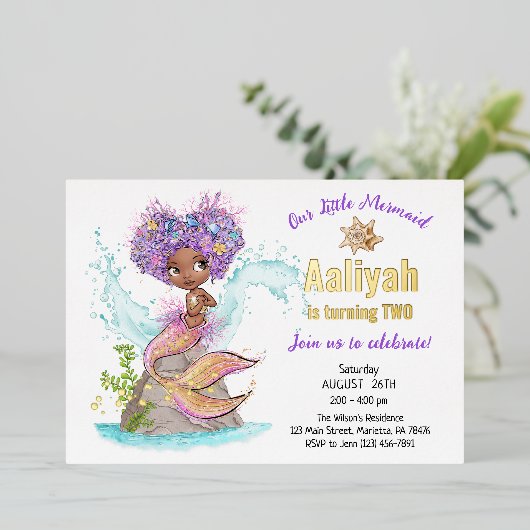 Little Afroamerican Mermaid Birthday Real Folie In Folie Uitnodiging (Staand Voorkant)