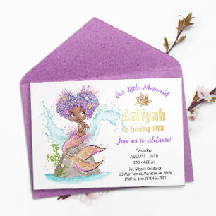 Little Afroamerican Mermaid Birthday Real Folie In Uitnodiging