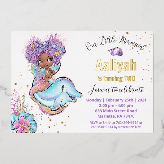 Little Afroamerican Mermaid Birthday Real Folie Uitnodiging (Voorkant)