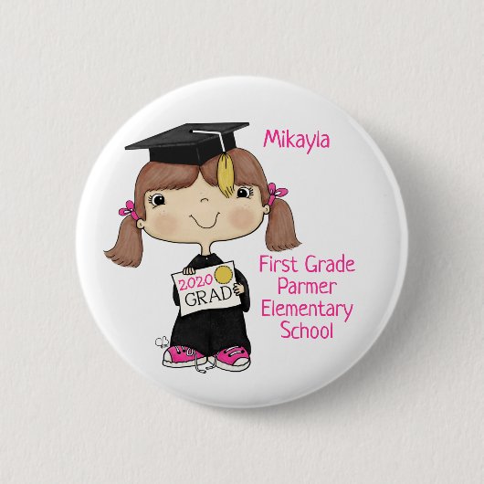 Little Afstuderen Girl Brown Hair Ronde Button 5,7 Cm (Voorkant)