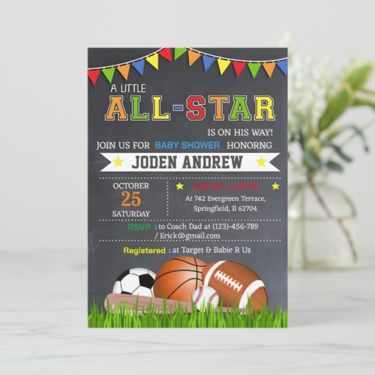 Little All Star Sports Baby shower Uitnodiging (Staand voorkant)