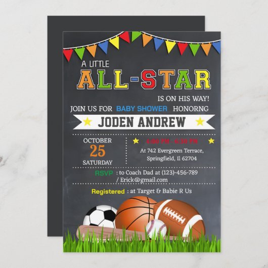 Little All Star Sports Baby shower Uitnodiging (Voorkant / Achterkant)