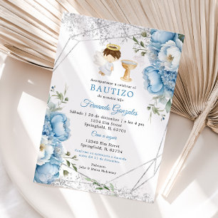 Little Angel Flowers Dusty Blue Silver Boy Bautizo Kaart