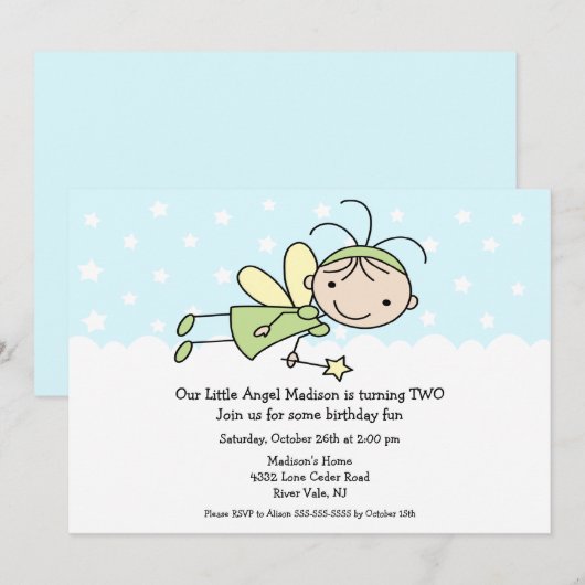 Little Angel Stick Figuur Birthday Invitation Kaart (Voorkant / Achterkant)