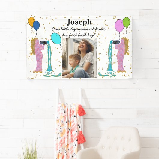 Little Aquarius 1st Birthday Gold Flake & Balloons Spandoek (Insitu)