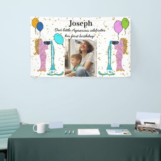 Little Aquarius 1st Birthday Gold Flake & Balloons Spandoek (Beurs)