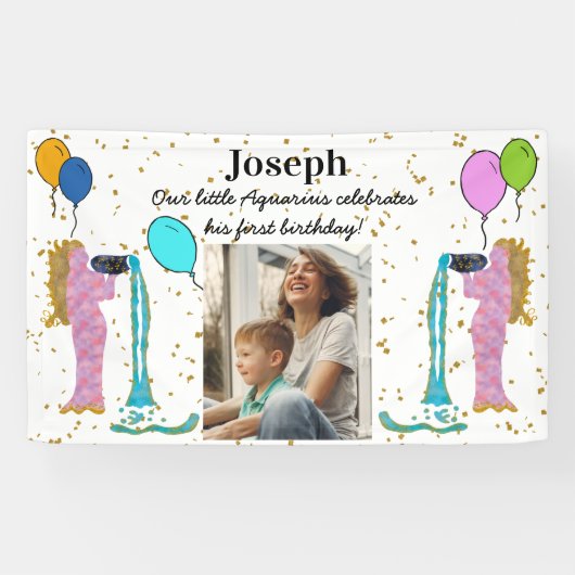 Little Aquarius 1st Birthday Gold Flake & Balloons Spandoek (Horizontaal)