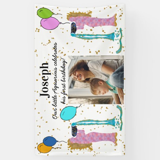 Little Aquarius 1st Birthday Gold Flake & Balloons Spandoek (Verticaal)