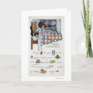Little Awaken Girl Spies Santa en Sleigh Feestdagen Kaart