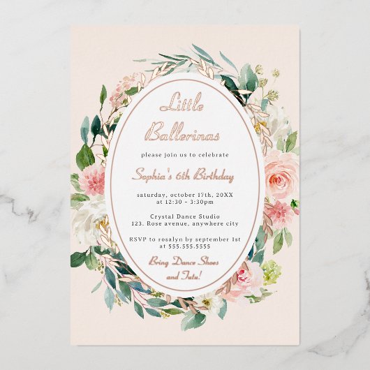 Little Ballerina Kids Verjaardag Roos Gouden Bloem Folie Uitnodiging (Voorkant)