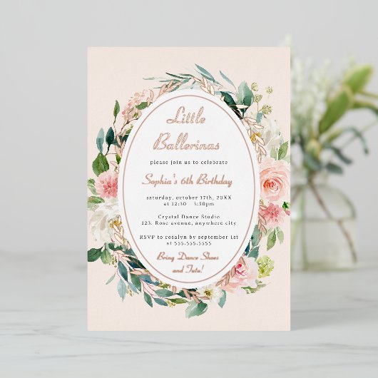 Little Ballerina Kids Verjaardag Roos Gouden Bloem Folie Uitnodiging (Staand Voorkant)