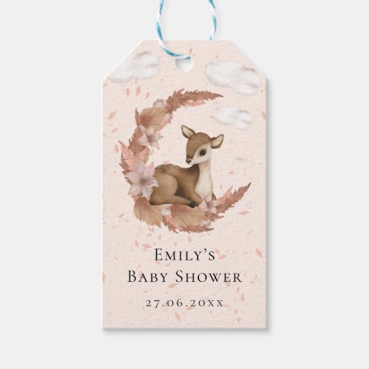 Little Bambi & Flowers Pastel Pink Baby Birthday Cadeaulabel (Voorkant)