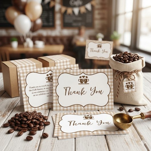 Little Bean Coffee Cup - Bruine Gingham Bedankkaart