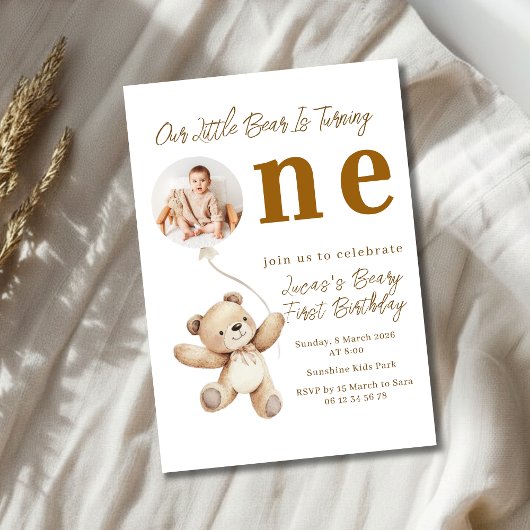 Little Bear First Birthday Photo Party Invitation Kaart