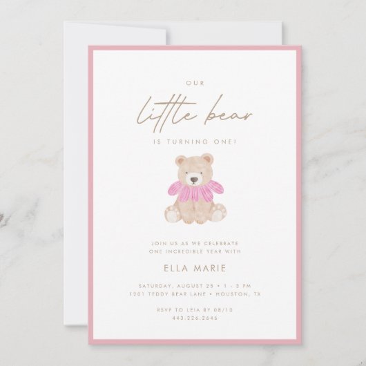 Little Bear – Moderne Roze Bloem Meisje 1e Verjaar Kaart (Voorkant)
