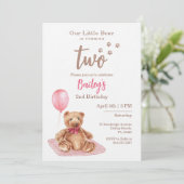 Little Bear Pink Any Age Birthday Invitation Kaart (Staand voorkant)