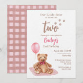 Little Bear Pink Any Age Birthday Invitation Kaart (Voorkant / Achterkant)