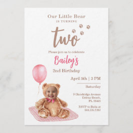 Little Bear Pink Any Age Birthday Photo Invitation Kaart