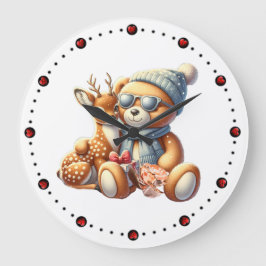 Little bear with fawn in arms winter Christmas Grote Klok